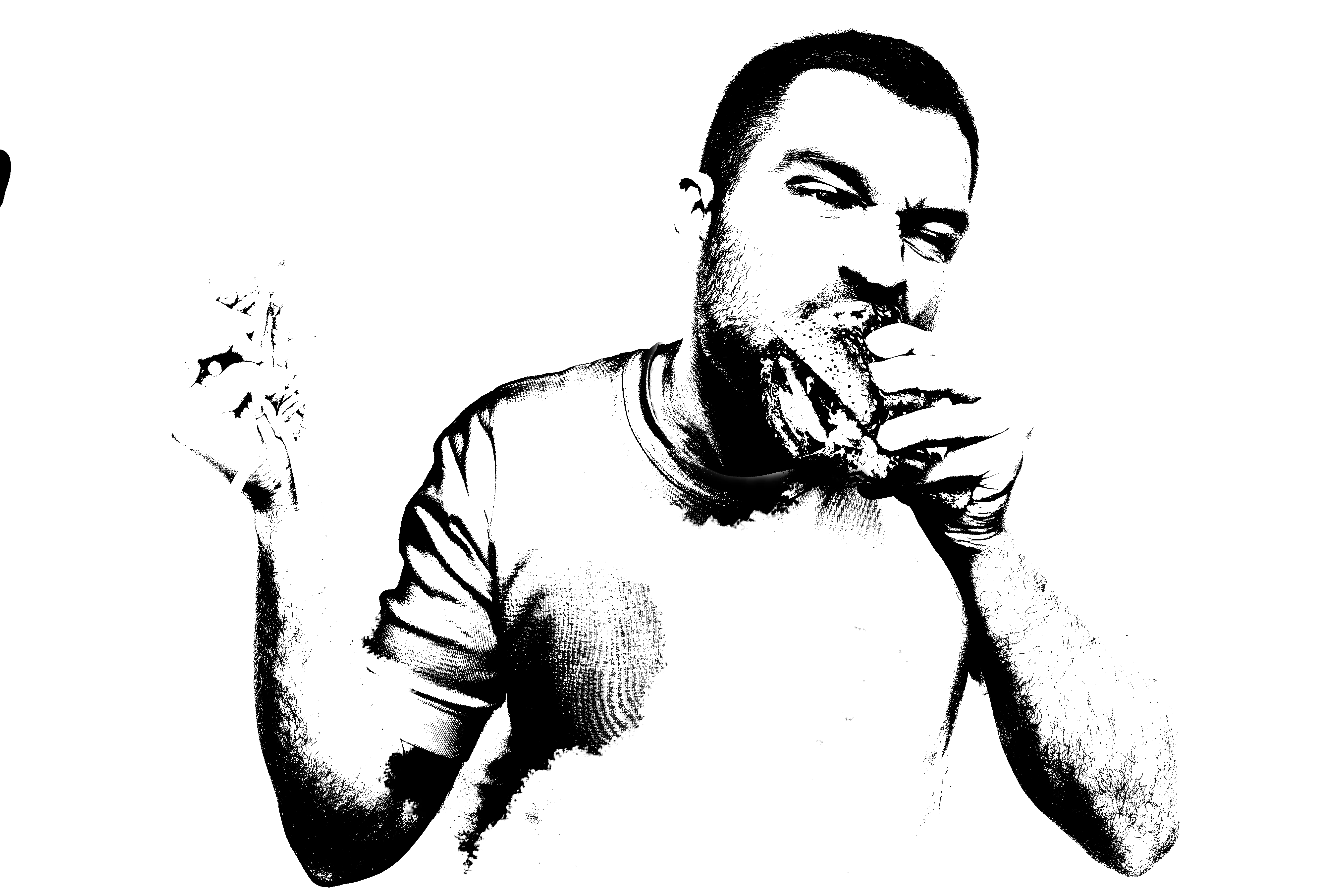 Ilustração a preto e branco de um homem a dar uma dentada num hambúrguer